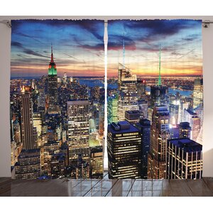 New York Skyline of NYC with Urban Skyscrapers at Sunset Dawn Streets USA Architecture Graphic Print & Text Semi-Sheer Rod Pocket Curtain Panels (Set of 2)