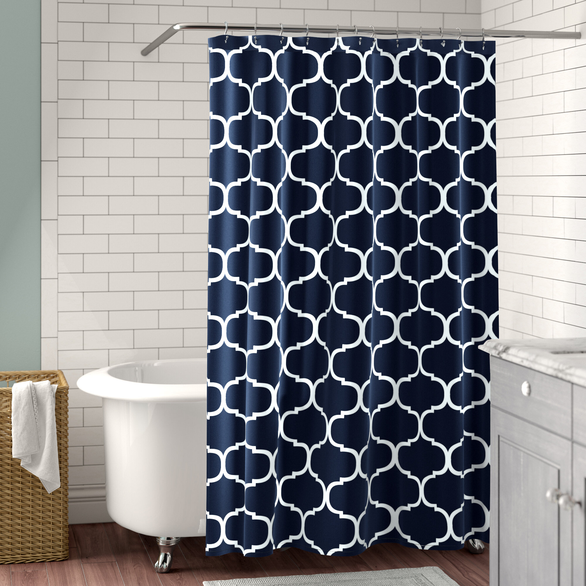 Texas Star Navy Blue Wood Waterproof Fabric Bathroom Shower Curtain Hooks Set 