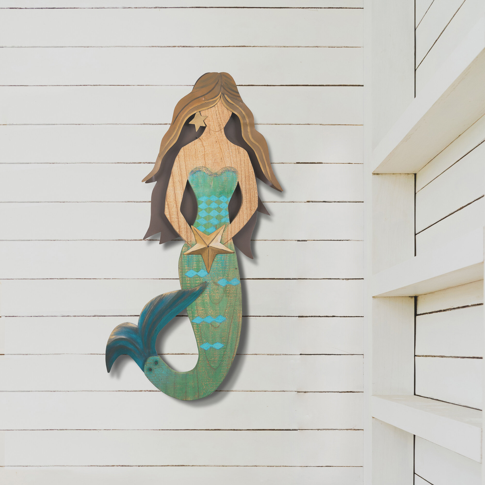 Turquoise Mermaid Cut-Out Wood Wall Plaque Nautical Home Decor