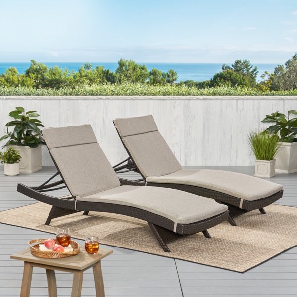 Beige Iwicker Water-Resistant 2 Inch Patio Chaise Lounge Cushion Outdoor Cotton Padded Lounge Chair Cushion with Straps 