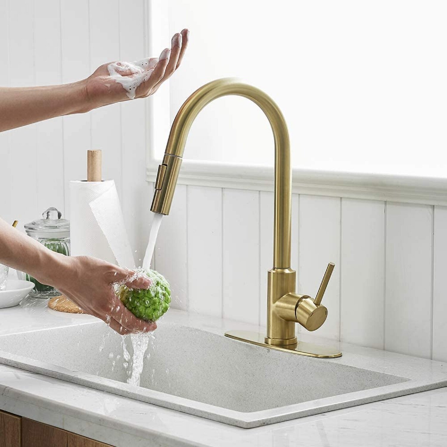 Kitchen Faucet Brushed Chrome Sink Tap Single Handle Pull Down Sprayer Sweep US 