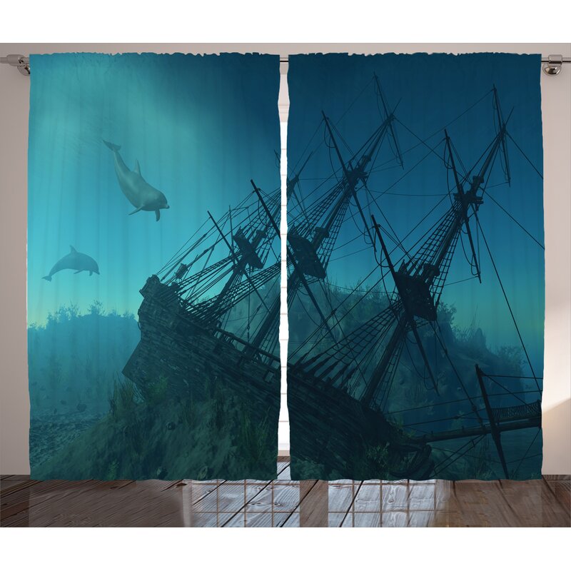 Nautical Underwater Sunken Ship Room Darkening Rod Pocket Curtain Panels