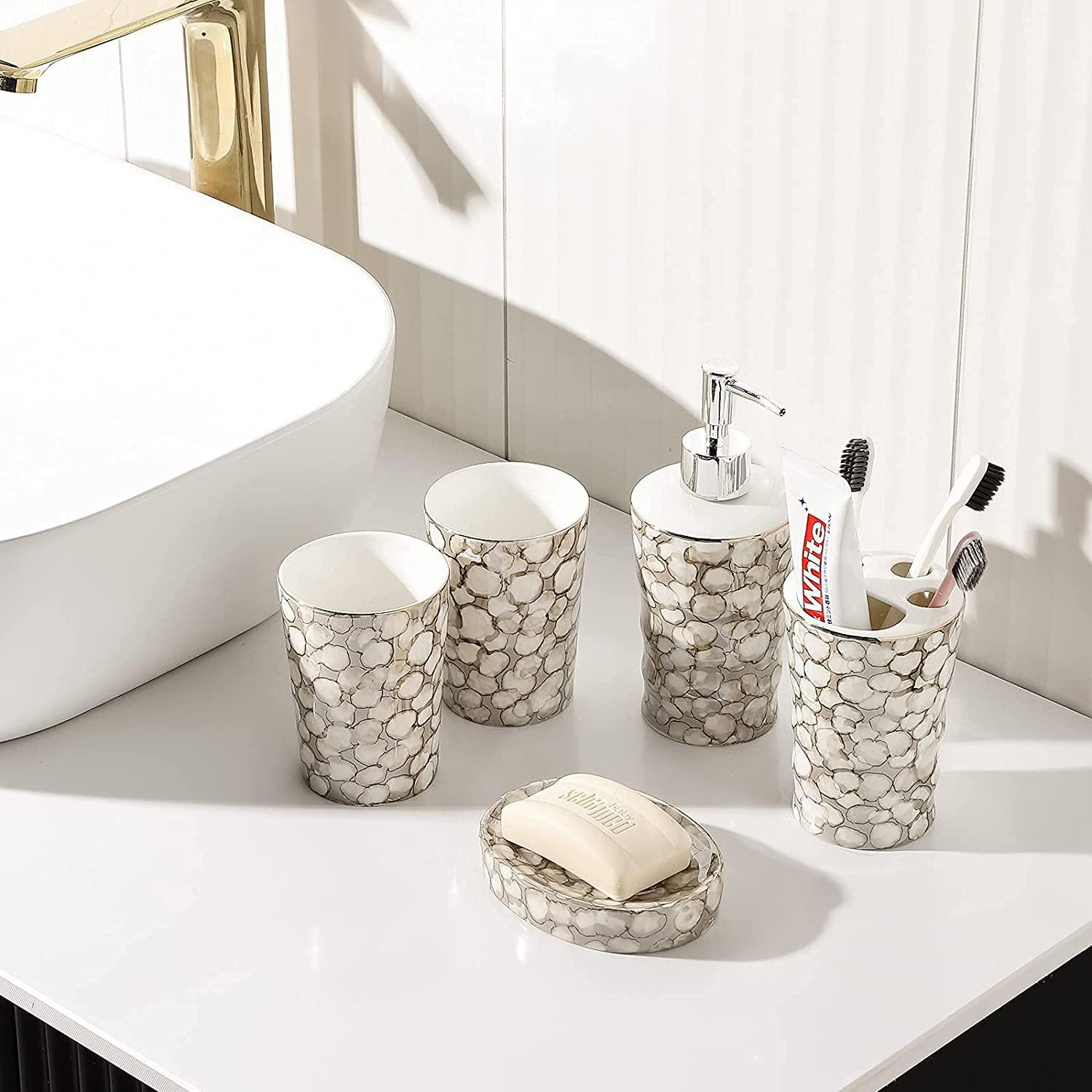 Brayden Studio 4pcs Bathroom Accessories Set Toothbrush Holder And Soap Dispenser Soap And Lotion Set Tumbler Cup Or Decorative Countertop And Housewarming Gift Wayfair