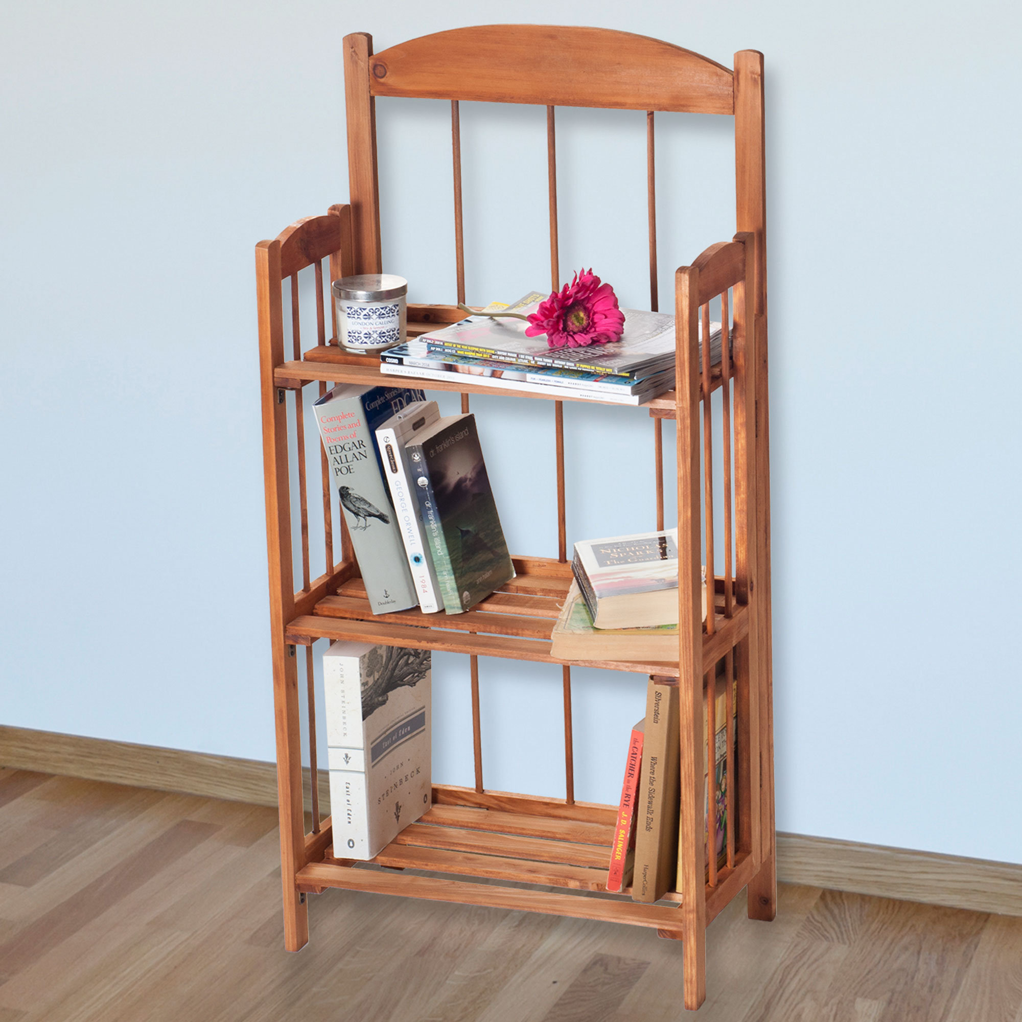 Home Shelving Light Brown 83-11-3 Folding Wood Display Rack for Home and Office Bookcase for Decoration and Organization by Lavish Home- 3 Shelf