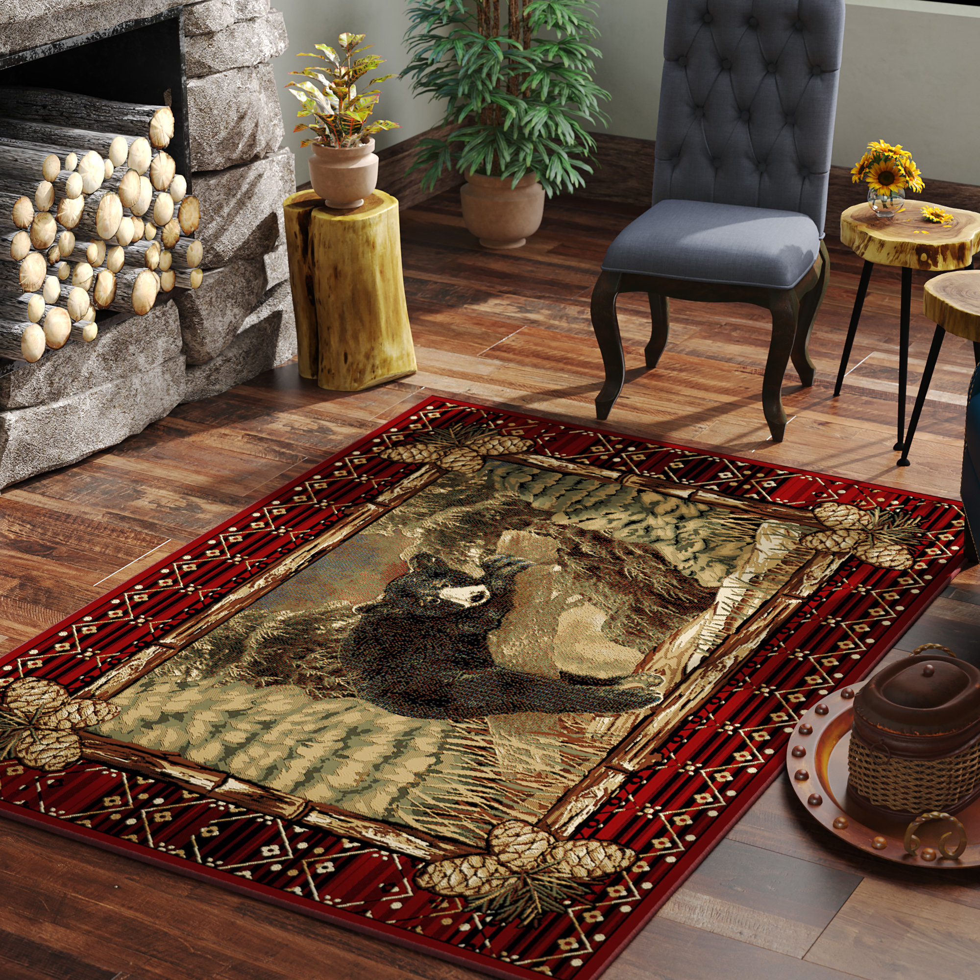 Loon Peak Pesce Rustic Lodge Pine Bear Cub Log Beige Red Area Rug Loon Peak Pesce Rustic Lodge Pine Bear