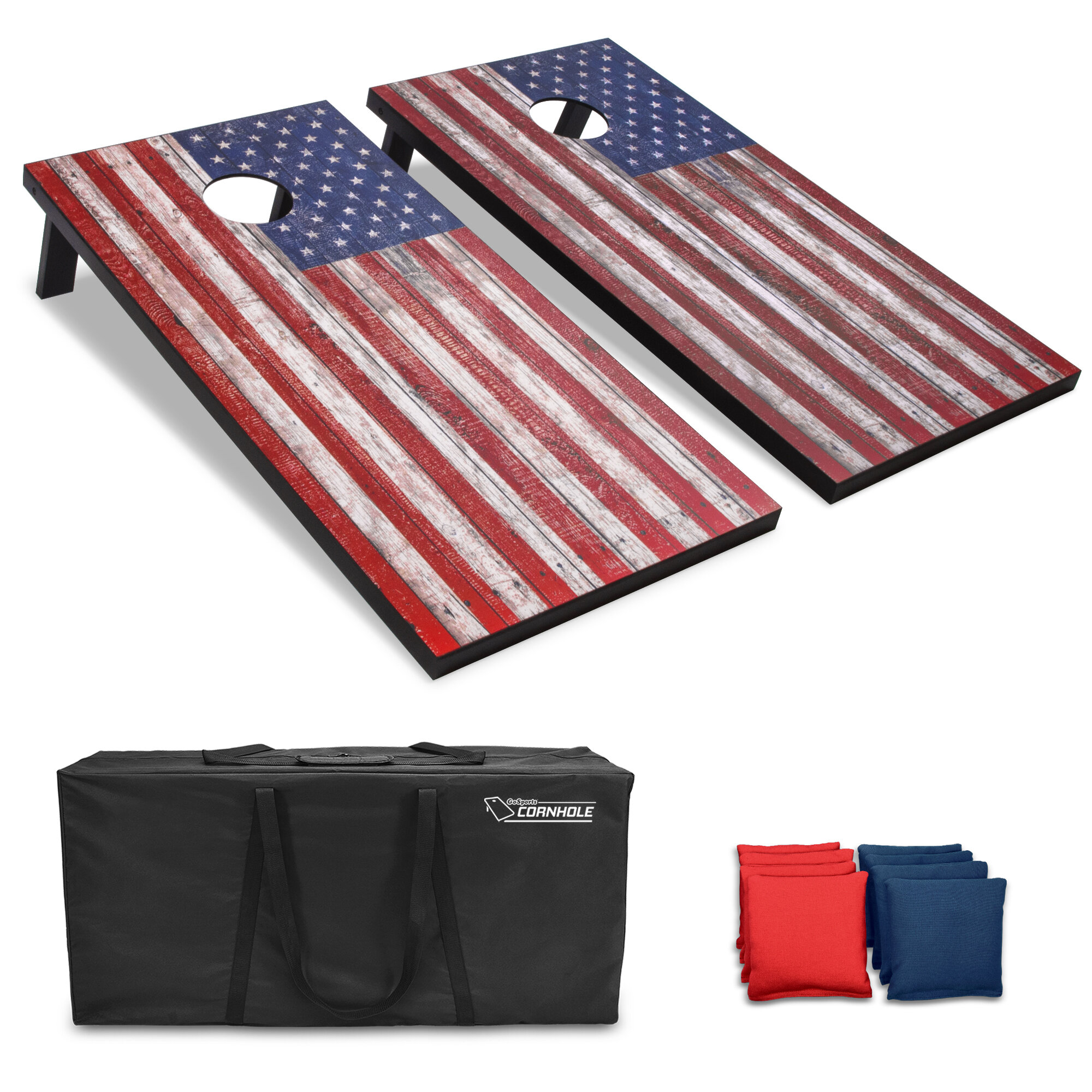 GoSports Regulation Size Solid Wood Cornhole Set American Flag USA Game Boards 