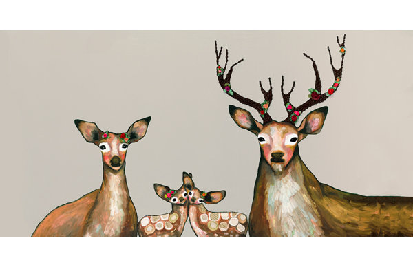 Ebern Designs Flower Deer Family Wrapped Canvas Painting Print