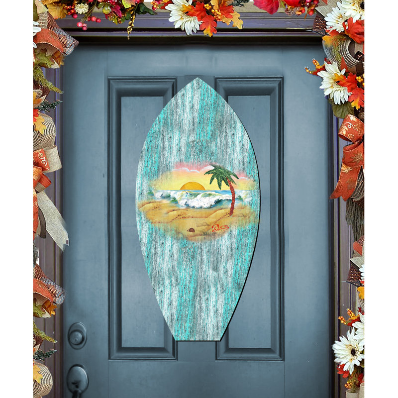 Designocracy Surfboard Beach Waves Coastal Wooden Decorative Door