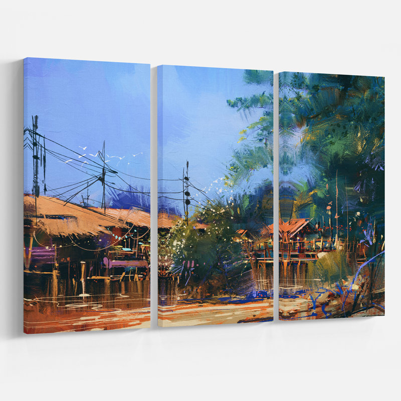 East Urban Home Old Fishing Village In Clear Sky Oil Painting