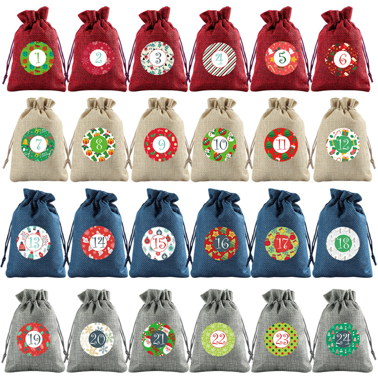 The Holiday Aisle® 24Pcs Christmas Burlap Drawstring Bags With 100Cm Hemp Rope 24 Wood Clips And