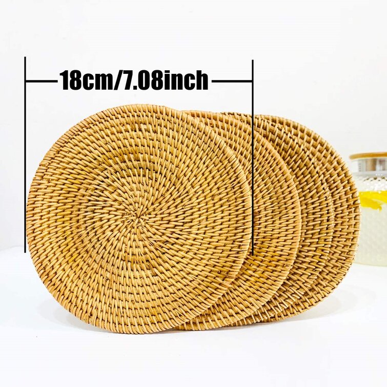 6 Coasters with Holder, 4 Diameter Handwoven All Natural Rattan Coasters Made by Vietnamese Artisans 