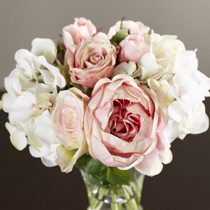 Pink Garden Rose And Hydrangea Bouquet one allium way faux rose and hydrangea bouquet in pedestal glass Pink Garden Rose And Hydrangea Bouquet one allium way faux rose and hydrangea bouquet in pedestal glass