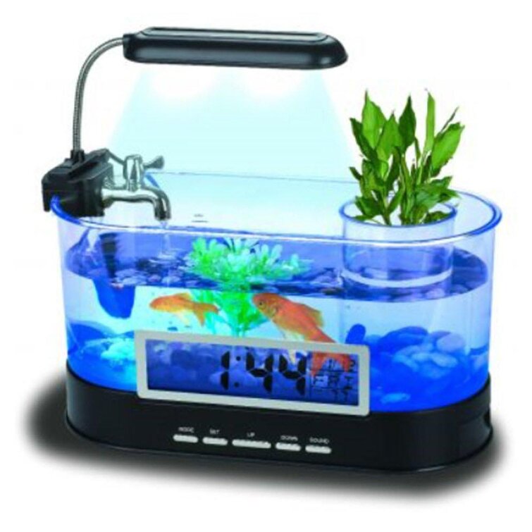 Black Mini Fish Tank Aquarium with Clock Function LED Light USB Rechargeable Multifunctional Home Office Business