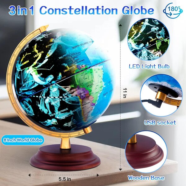 Illuminated World Globe with Wooden Base Night View Stars Pattern Globe Lamp 