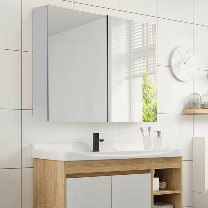 Ballarat Wall Mount Mirrored Bathroom Surface Mount Frameless 2 Door Medicine Cabinet With 3 Adjustable Shelves