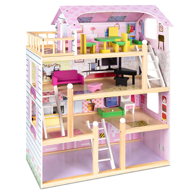 Large Wooden Dolls House Play With Furnitures Staircase Set Kids Christmas Gift 