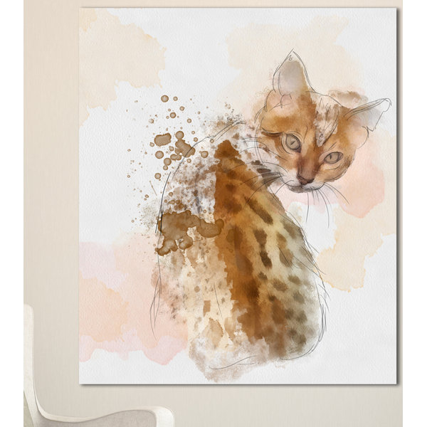 Designart Cute Cat Sketch With Brown Splashes Painting Print On