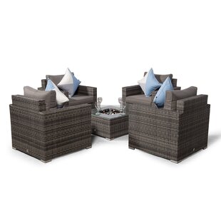 Villatoro Grey Rattan 4 X Armchairs With Square Ice Bucket Coffee Table, Outdoor Patio Garden Furniture By Sol 72 Outdoor