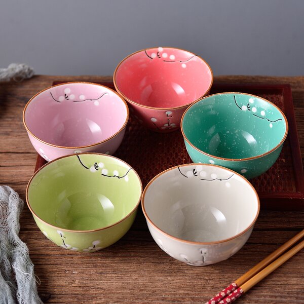 SET of 4 Japanese 5"D Rice Soup Bowls Set Plum Tree Cherry Blossom Made in Japan