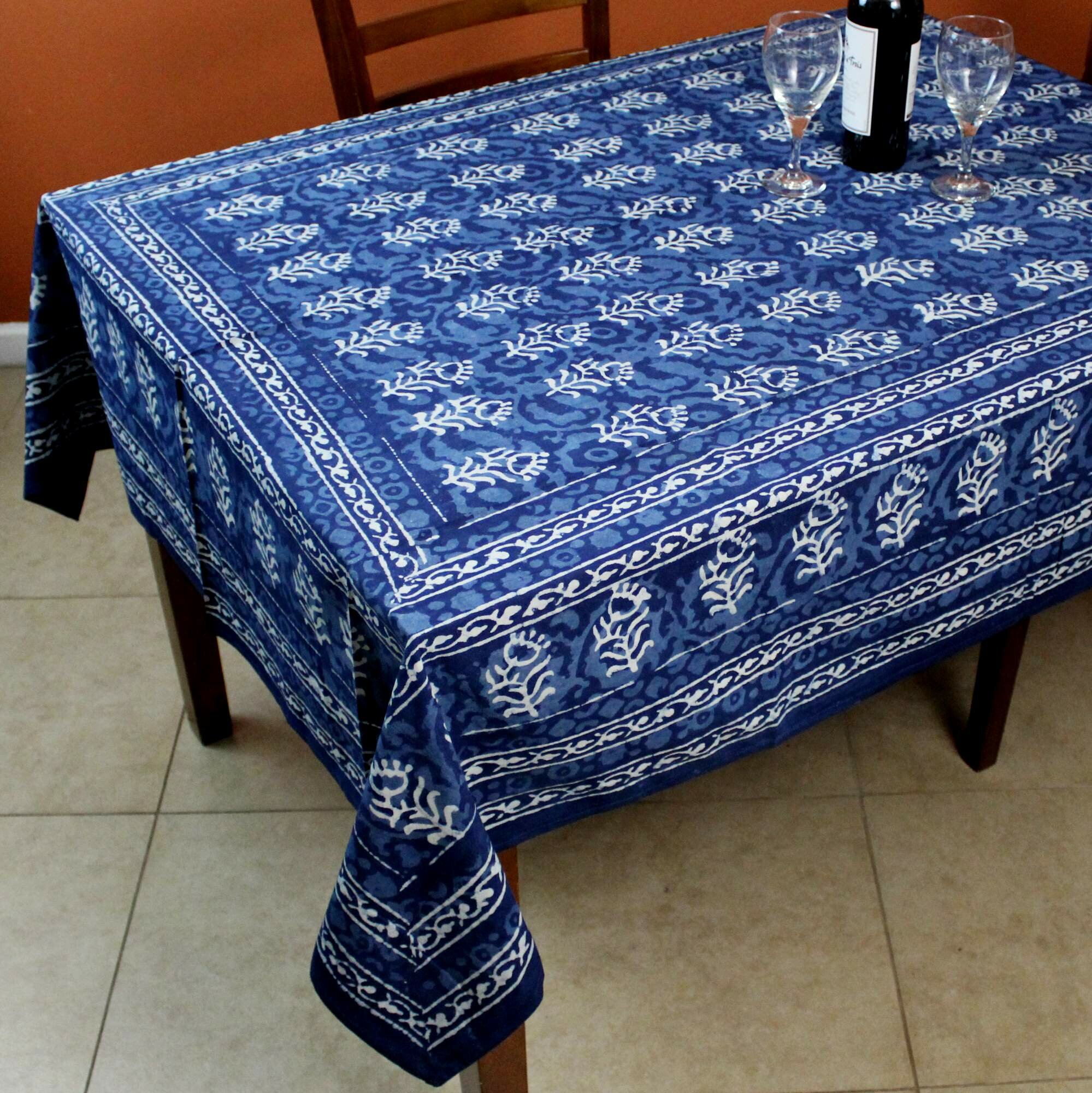 Block Print Tablecloth Round 72 in Floral Dabu Cotton Indigo Blue Table Linen 