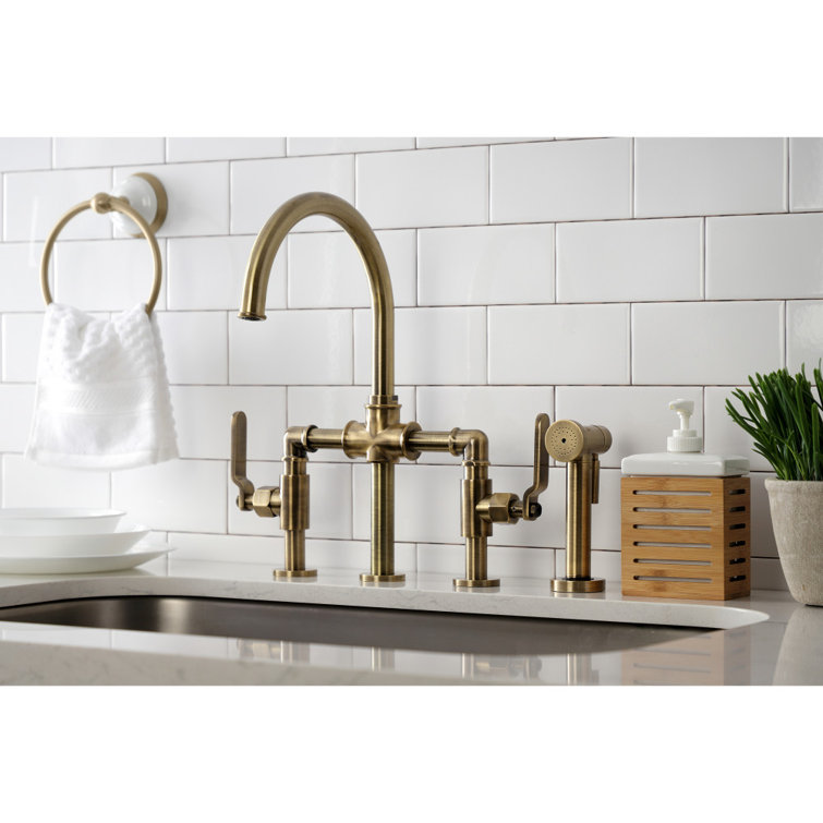 Kingston Brass Whitaker Industrial Style Bridge Kitchen Faucet With Brass  Sprayer, Antique Brass