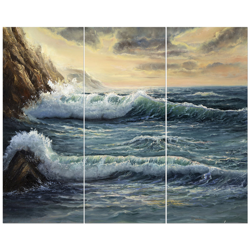 East Urban Home Ocean Waves Under Dark Cloudy Sky Oil Painting