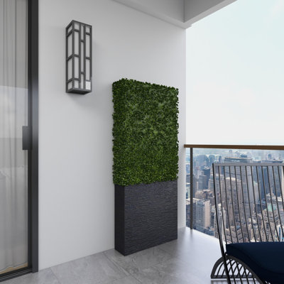 Faux Foliage Tall Boxwood Hedge Topiary with Realistic Leaves and Black Cement Planter Box