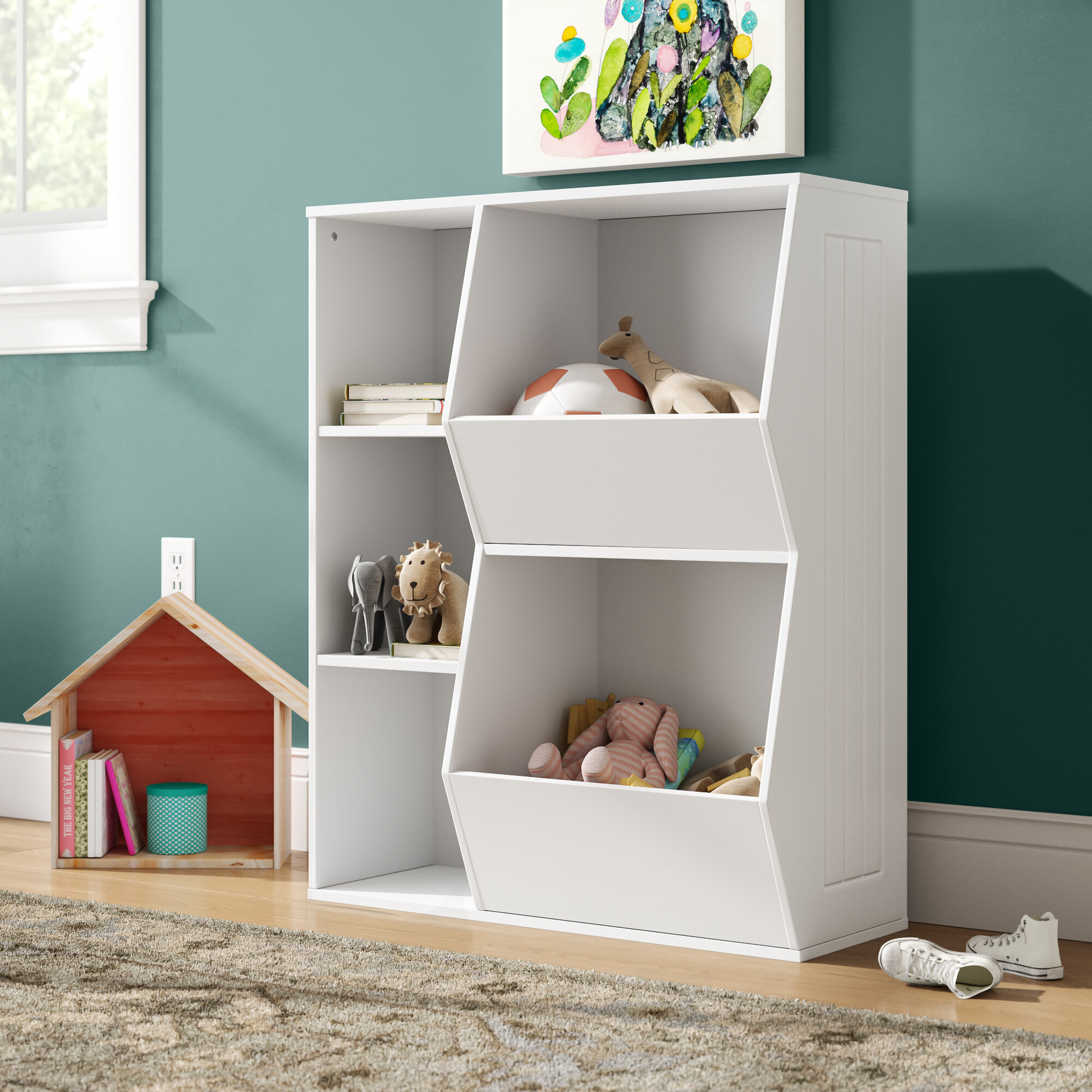 Standing Against The Wall with Drawer Dacorda Baby Kids Bookshelf 34 × 32inch Display Storage Shelves Picture Book Shelf Toys in Study Living Room Bedroom Childrens Magazine Rack White