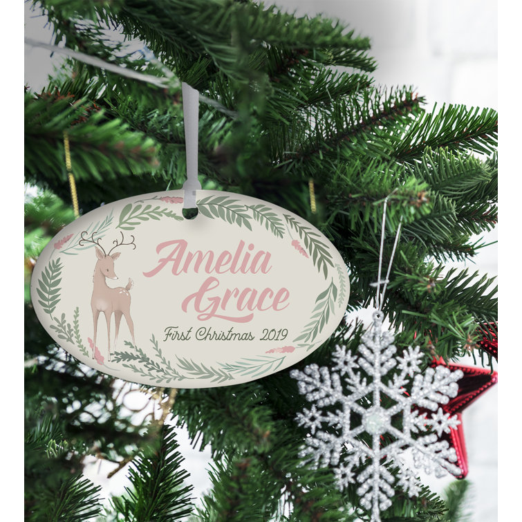The Holiday Aisle First Christmas Oval With Reindeer Design Baby Holiday Shaped Ornament Wayfair