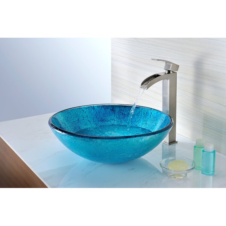 ANZZI Accent Blue Tempered Glass Circular Vessel Bathroom Sink ...