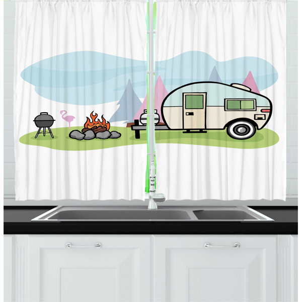 East Urban Home 2 Piece Travel Cartoon Style Design Of A Camping Scene With A Camp Trailer A Bonfire And A Barbecue Kitchen Curtain Set Wayfair