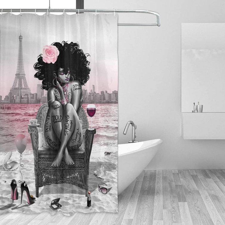 African Black Girl Fabric Shower Curtain Set Hooks or Bathroom Mat Decor 72x72" 