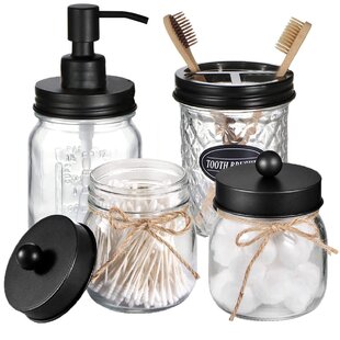 Brushed Nickel Cotton Ball Jar Q Tip Glass Storage Fun Bathroom Vanity Organizer 