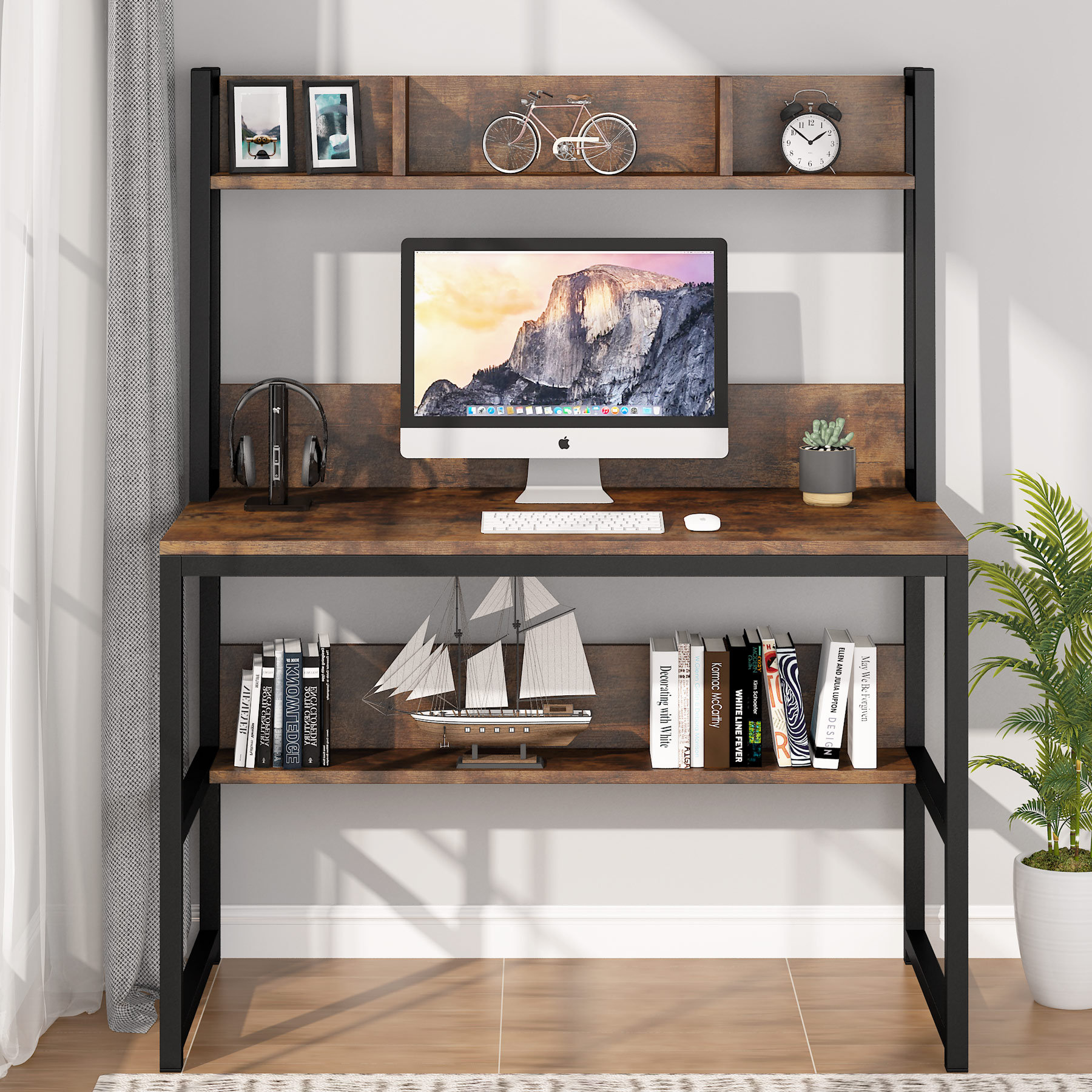 wood and metal desk with hutch