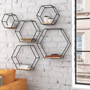 Large and Small Hexagon Wall Shelf /Rack Brass and Glass 