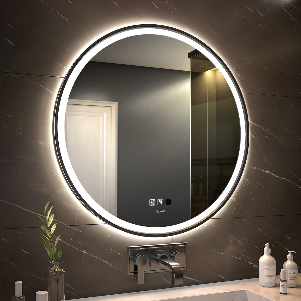 Ivy Bronx Balig Round Black Illuminated Dimmable LED Anti Fog Mirror ...