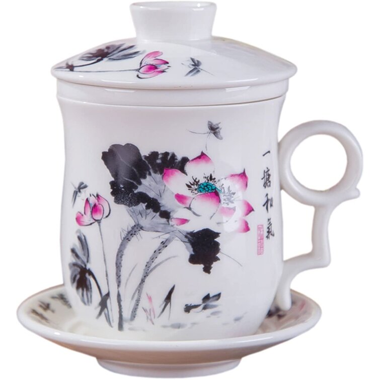 Hand-Painted White Porcelain Tea Set Black Lotus Teacup Set of 4