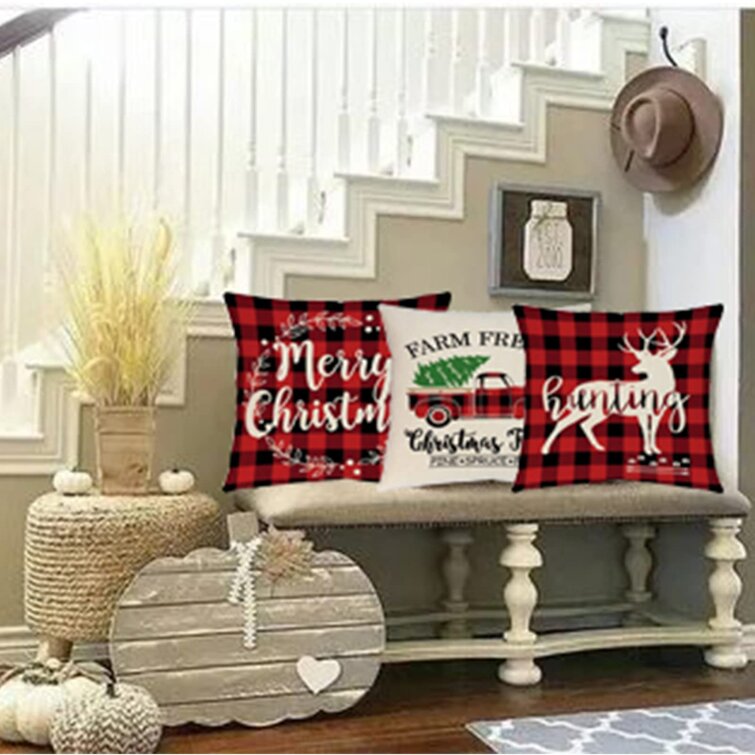 Stock Show Merry Christmas Throw Pillow Covers Set of 4 Merry Christmas Elk & Santa Claus Snowflakes Pattern Decorative Cotton Linen Red Plaid Pillowcase Cushion Cover for Sofa Bedroom Car 18 x 18
