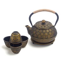 6 piece Japanese Cast Iron Pot Tea Set Black w/Trivet 28 oz 900YL 