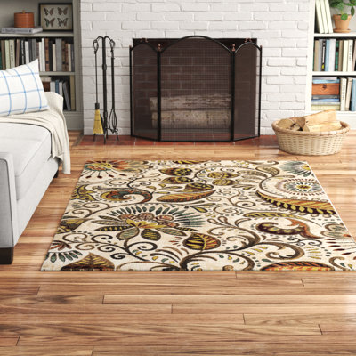 Kasturi Floral Ivory/Mocha/Wine Red Area Rug