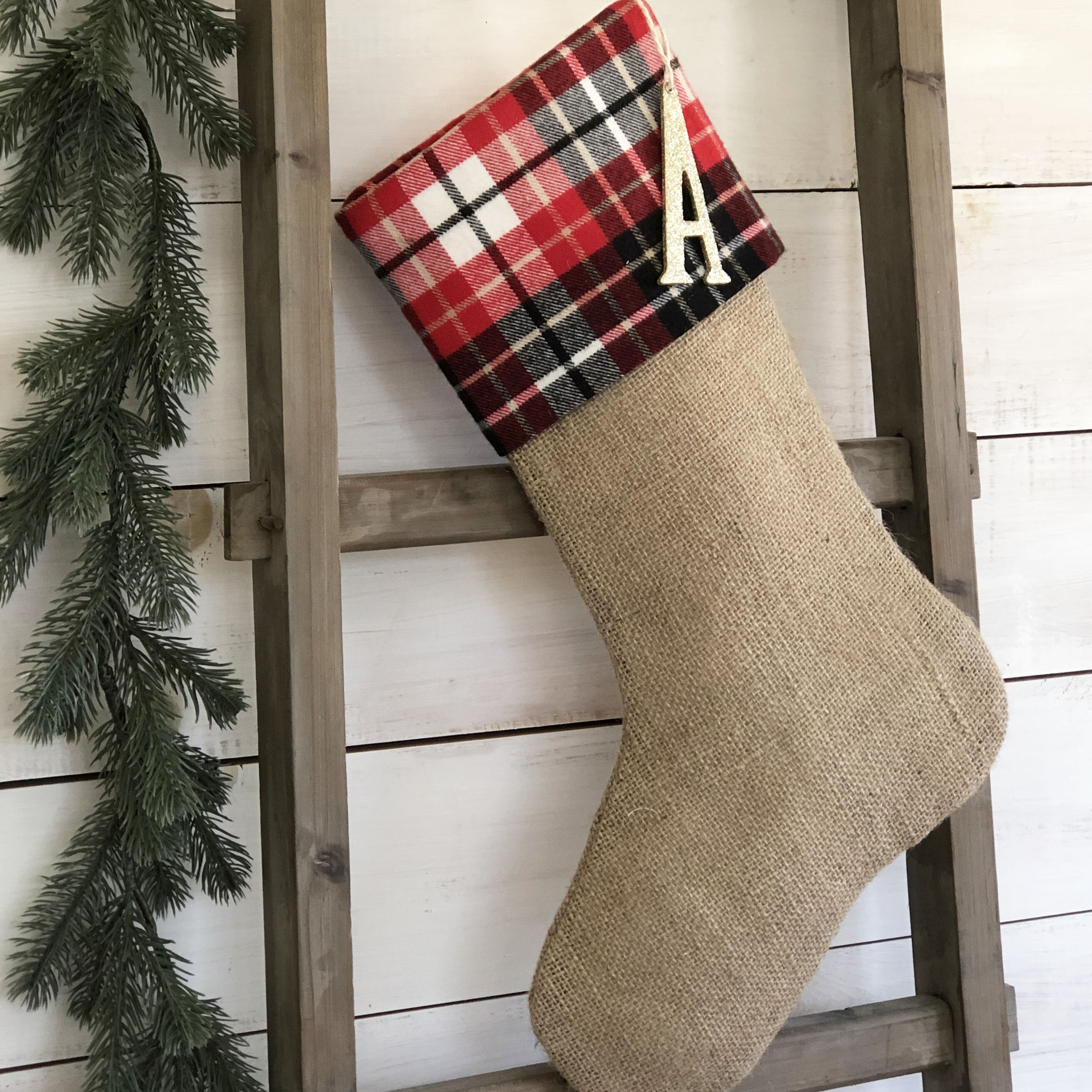 Plaid Flannel & Burlap Christmas Stocking-Red or Green Plaid 