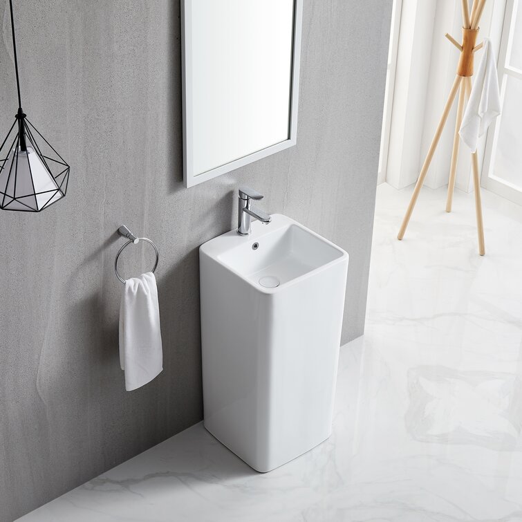 Modern Bathroom Wash Basin Sink Full Pedestal Floor Standing 2 Tap Holes White Ceramic Gloss White 