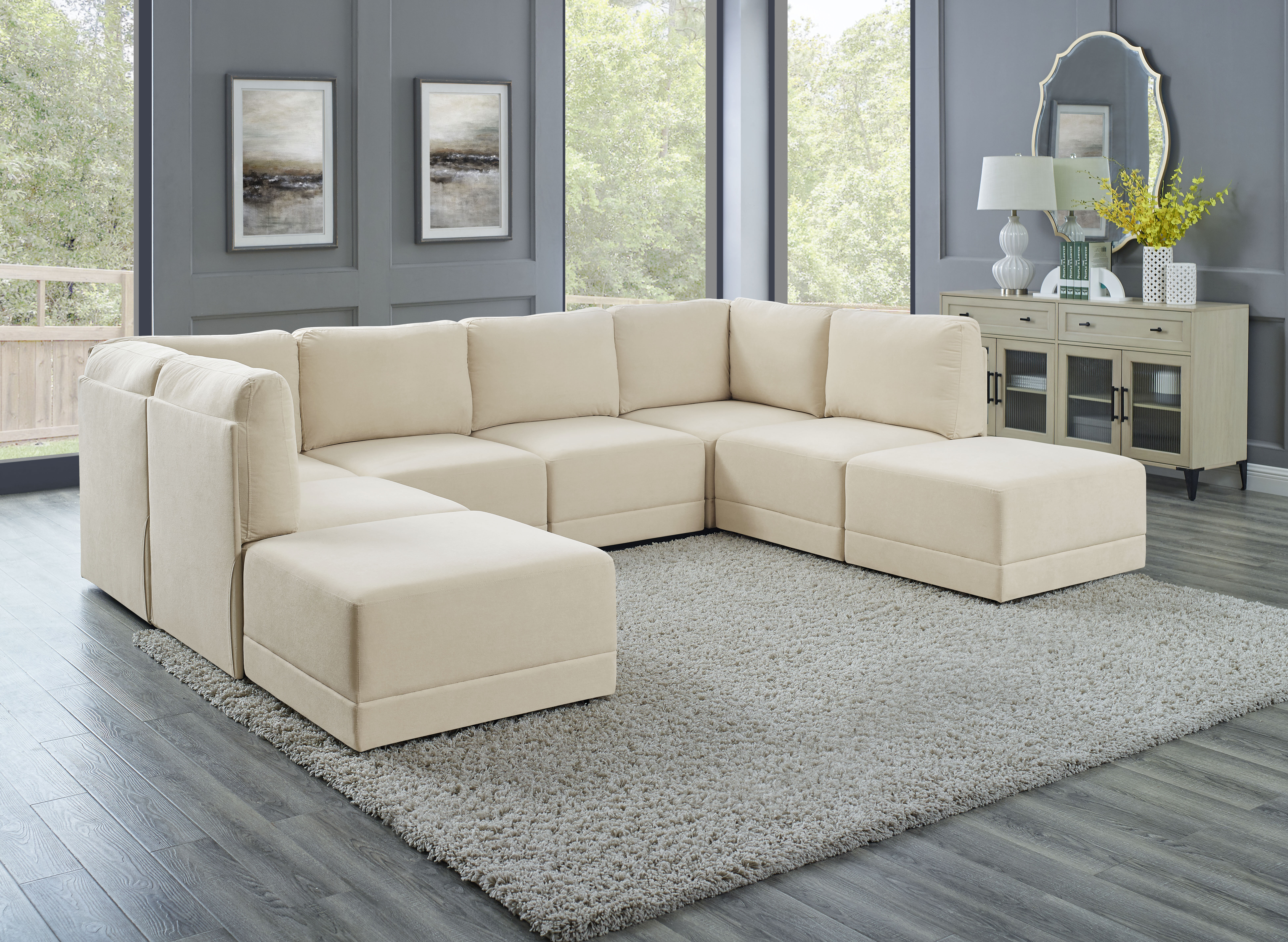 Rodrigue 116" Wide Symmetrical Modular Corner Sectional with Ottoman