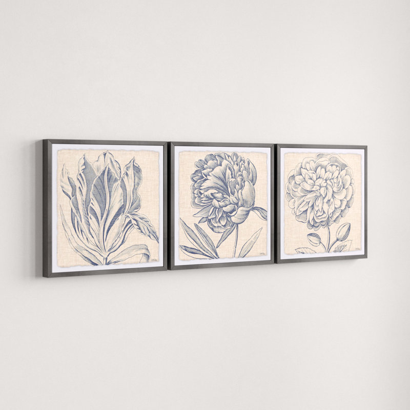 Three Posts Flower Sketches 3 Piece Framed Drawing Print Set On