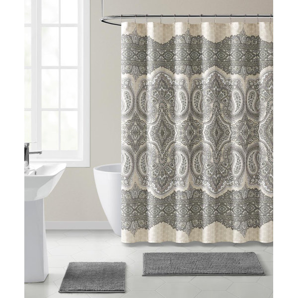 Max Studio Elephant March Grey and White Fabric Shower Curtain 