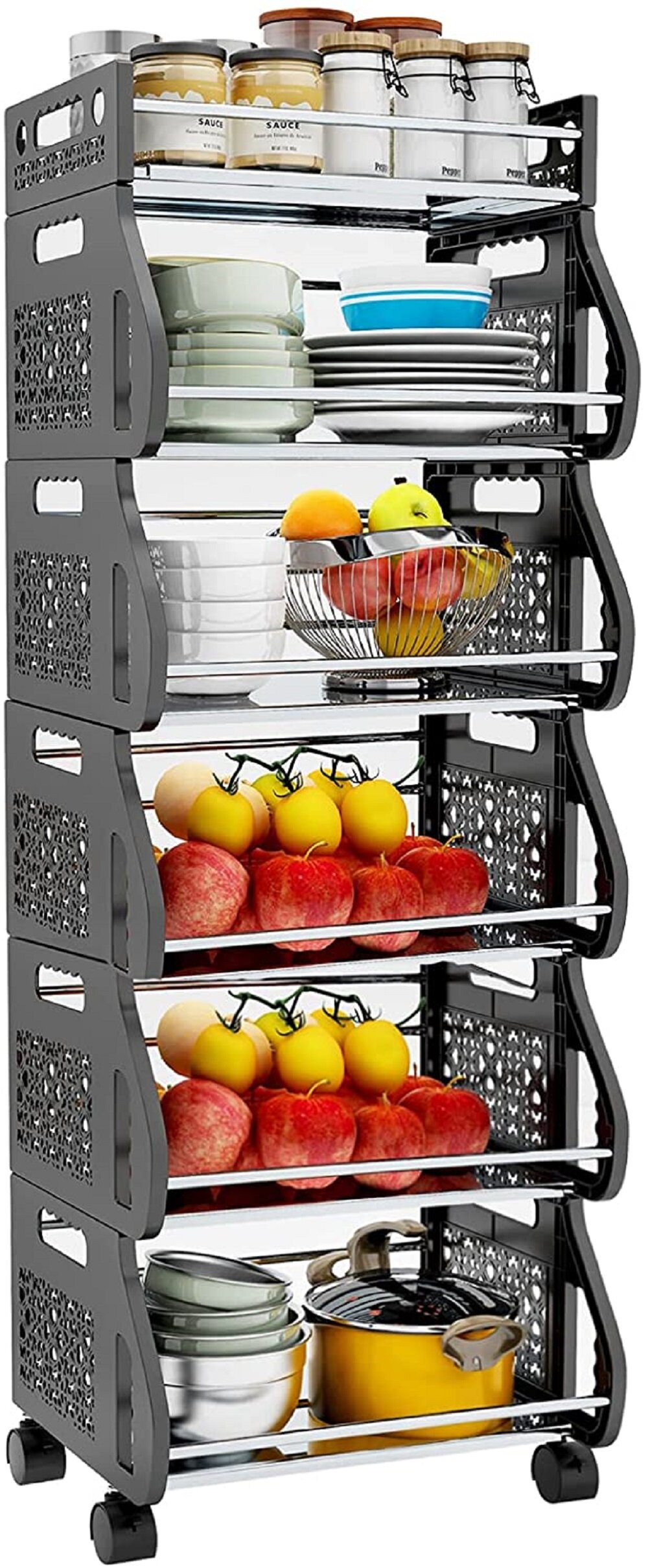 Hall Fruit Storage Basket Metal Stand Produce Organizer Rack Bin for Kitchen 6 Tier Stackable Snack Vegetable Onion Potato Storage Rolling Cart with Wheel Pantry Closet Bathroom