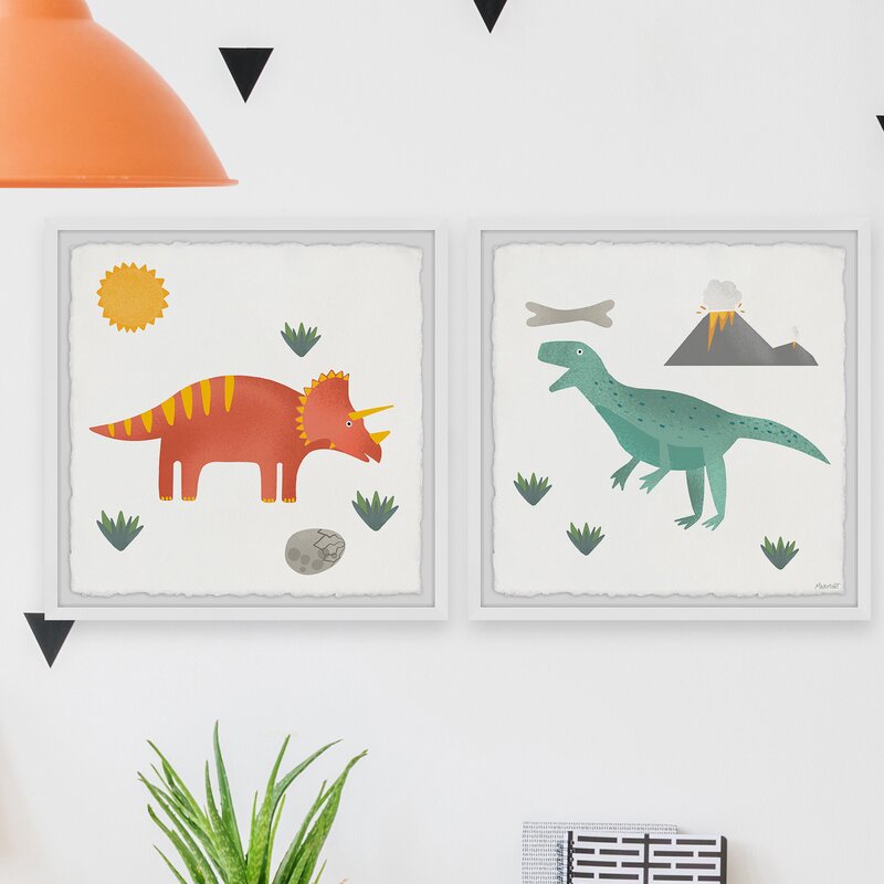 Isabelle Max Agee Dinosaur Picnic 2 Piece Framed Art Set Wayfair