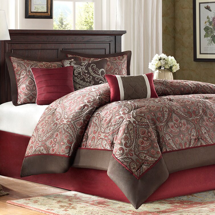 7pc Brown & Deep Red Microsuede Colorblock Comforter Set AND Decorative Pillows 
