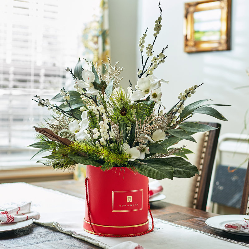 Darbycreektrading White Velvet Dogwood Ilex Berry With Magnolia Eucalyptus Leaves Christmas Hat Box Floral Arrangement Wayfair