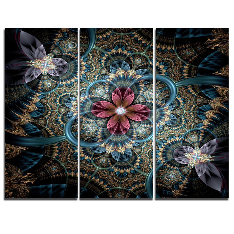 Designart Dark Purple Fractal Flower 3 Piece Graphic Art On Wrapped Canvas Set Wayfair